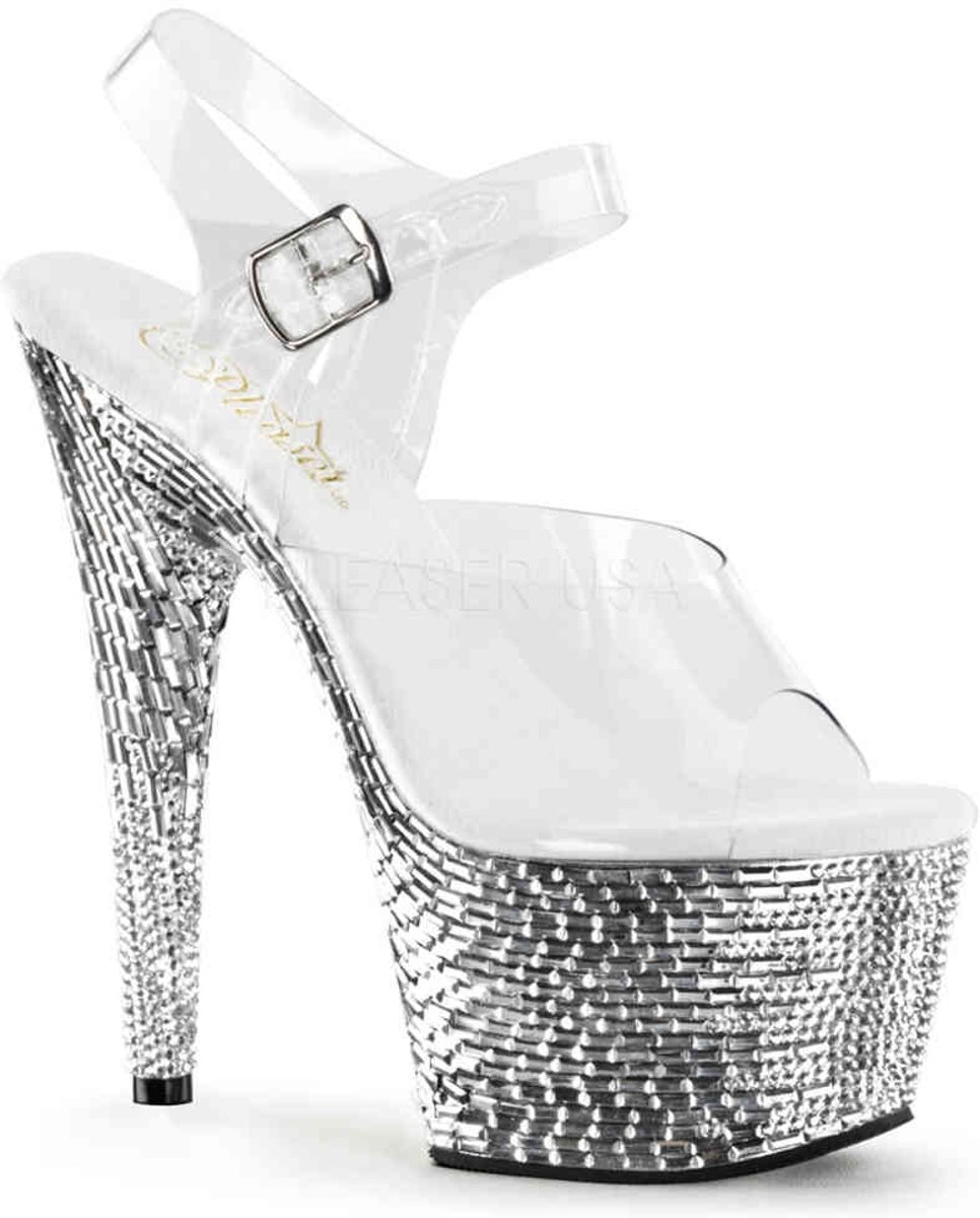 EU 36 = US 6 | BEJEWELED-708MR | *7 Heel, 2 3/4 Platform Ankle Strap Sandal w/Mirror Tiles